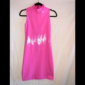 Neon pink latex dress